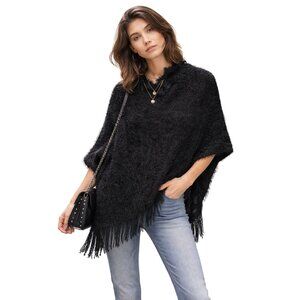 Black Faux Fur Short Poncho Coverup Cape Elegant Fringed NWT